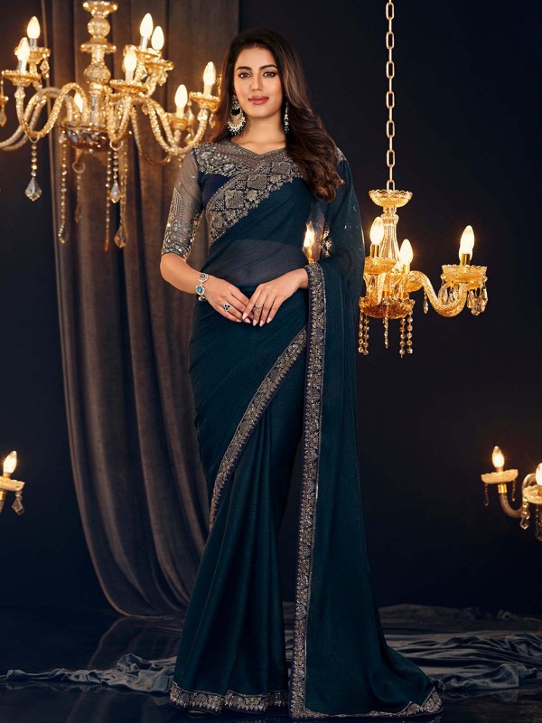 Dark Peacock Shimmer Georgette Saree